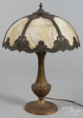 Gilt metal and slag glass table lamp