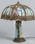 Gilt metal and slag glass table lamp
