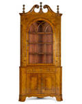 Pennsylvania tiger maple veneer twopart corner cupboard early 19th c