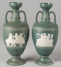 Pair of Mettlach teal jasperware urns