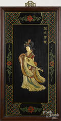 Pair of Oriental lacquer panels with ivory and stone appliqus