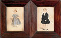 Pair of watercolor portraits of a young boy and girl mid 19th c