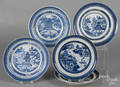 Five Chinese export porcelain blue and white Nanking and Canton shallow bowls