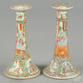 Two Chinese export porcelain rose medallion candlesticks