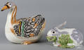 Two Mottahedeh design covered dishes of a swan and a rabbit