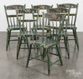 Set of six painted half spindle plank seat chairs