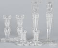 Three pairs of cut glass candlesticks