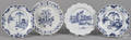 Four Delft blue and white plates