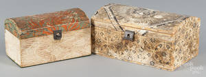 Two wallpaper covered dome lid boxes