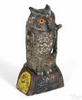 J  E Stevens cast iron owl turns head mechanical bank