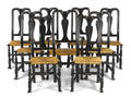 Assembled set of nine Queen Anne painted rush seat dining chairs 18th c