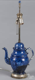 Historical blue Staffordshire coffee pot table lamp depicting Franklins tomb