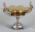 Silverplate and amber glass centerpiece with bird handles