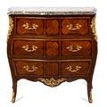 A Louis XV Style Gilt Bronze Mounted Bombe Marble Top Commode