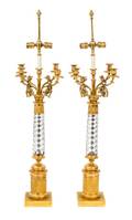 A Pair of Louis XVI Style FiveLight Gilt Bronze and Swirled Glass Candelabra