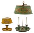 A Painted and Gilt Decorated Tole Bouillotte TwoLight Lamp