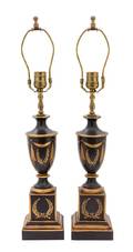 A Pair of Regency Style Gilt Decorated Tole Lamps