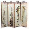A Chinese Bamboo and Hand Painted Leather Four Panel Screen