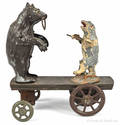 German painted tin windup dancing bears pull toy
