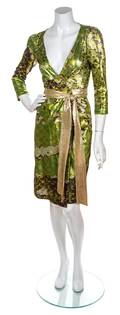 A Diane Von Furstenburg Green Metallic Wrap Dress