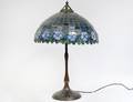 LEADED STAINED GLASS SHADE  HANDEL BRONZE LAMP BASE