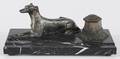 Marble and white metal standish with a reclining hound
