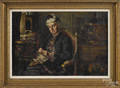 Oil on canvas of a woman knitting