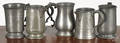Five English pewter tankards