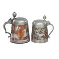 Daubenkrug or pewter overlaid wood steins