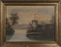 Oil on canvas Hudson River scene with a fort
