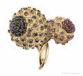 18K yellow gold sapphire and ruby encrusted floral fur pin
