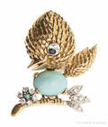 18K yellow gold whimsical diamond and turquoise bird pin