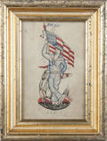 American watercolor on paper drawing of a sailor holding an American flag