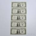 Five 1935 1 Consecutive Serial Number Silver Certificates