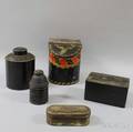 Three Tole Tea Items a Lacquered Box and a Tin Box