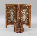 Motherofpearl Inlaid Hardwood Table Screen and a Carved Wood Figure of a Man