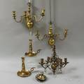 Pair of Gimbaled Candlesticks a Pair of Brass Sconces and a Brass Chandelier