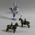 Pair of Mottled Greenglazed Ceramic Horses and a Danish Ceramic Horseform Candlestick