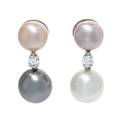A Pair of 18 Karat White Gold Cultured Multicolor Pearl and Diamond Pendant Earrings