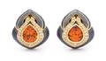 A Pair of 18 Karat Yellow Gold Spessartite Garnet Diamond and Enamel Earclips de Vroomen