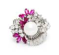An 18 Karat White Gold Natural Pearl Diamond and Ruby Ring