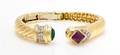 An 18 Karat Yellow Gold Ruby Emerald and Diamond Cuff Bangle Cassis