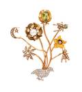 A Yellow Gold Platinum Diamond and Multigem Stickpin Cluster Brooch