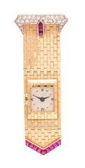 A Retro 14 Karat Bicolor Gold Diamond and Ruby Lapel Watch