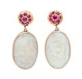 A Pair of 14 Karat Rose Gold Ruby and Opal Pendant Earclips