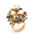 A 14 Karat Yellow Gold Coral Turquoise and Lapis Lazuli Ring