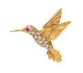 An 18 Karat Yellow Gold Diamond and Ruby Hummingbird Pin
