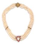A 14 Karat Yellow Gold Diamond Ruby and Cultured Pearl Multistrand Necklace