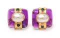 A Pair of 14 Karat Yellow Gold Amethyst Mabe Pearl and Emerald Earclips
