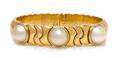 An 18 Karat Bicolor Gold and Cultured Mabe Pearl Flexible Bangle Bracelet Italian